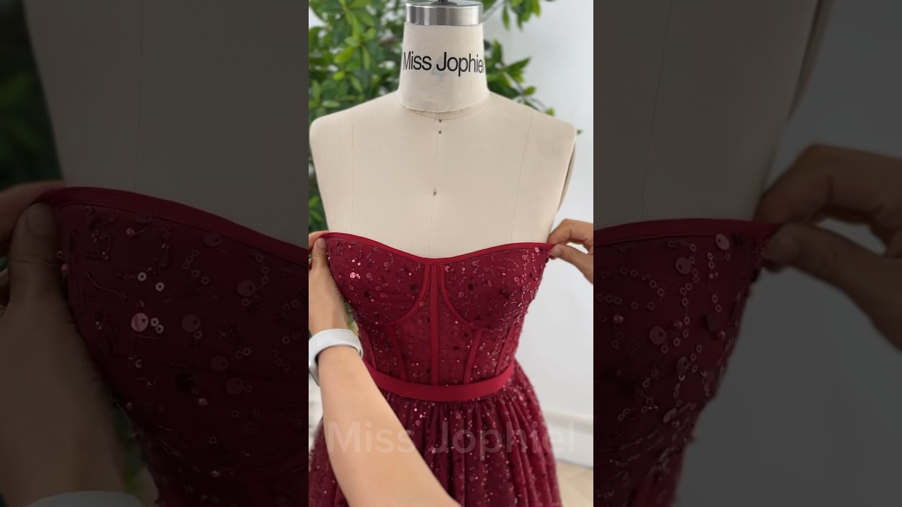 Strapless corset sequin burgundy midi dress with slit #dress #gown #fashionweek #hautecouture