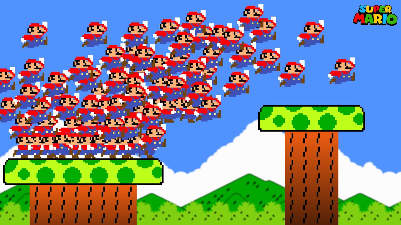 Super Mario Bros., but Every time Mario jumps, another Mario appears!