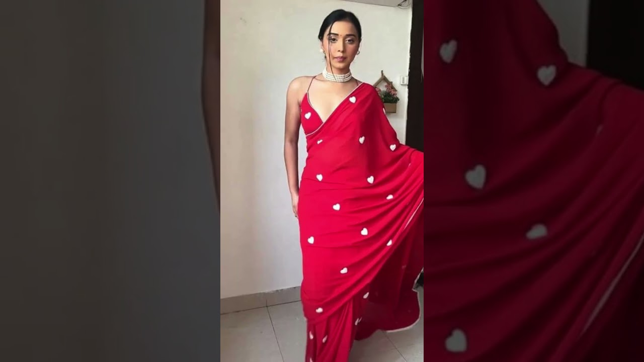 SWADESI STUFF Red Heart Embroidered Georgette Saree for Women, Party, Wedding, Bridal