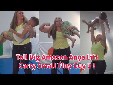Tall big woman amazon wrestling and lift carry short tiny guy | Tall big girl lift carry tiny man