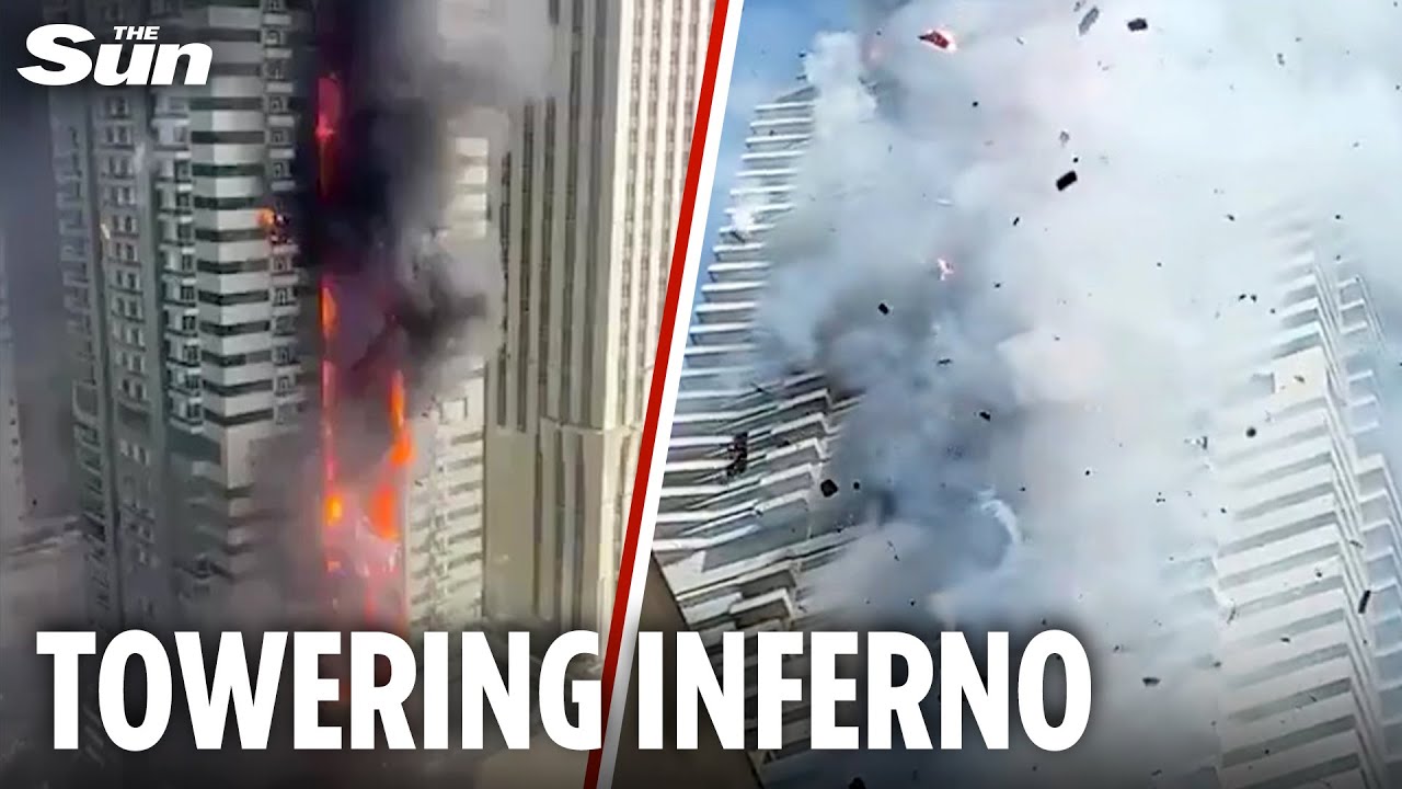 Terrifying moment huge fire rips through 67-storey Dubai Marina skyscraper forcing 4,000 to flee