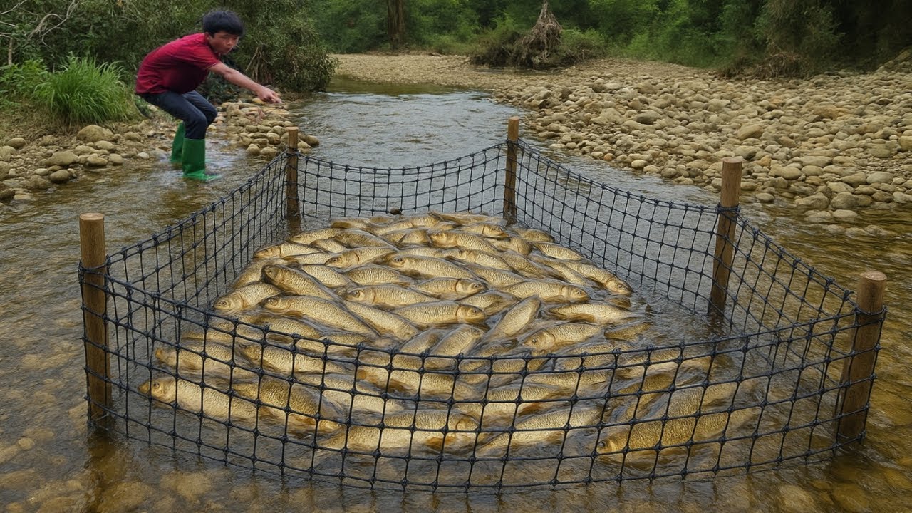 The boy Lam used a black net to make a fish trap and caught a large batch of fish in the stream.