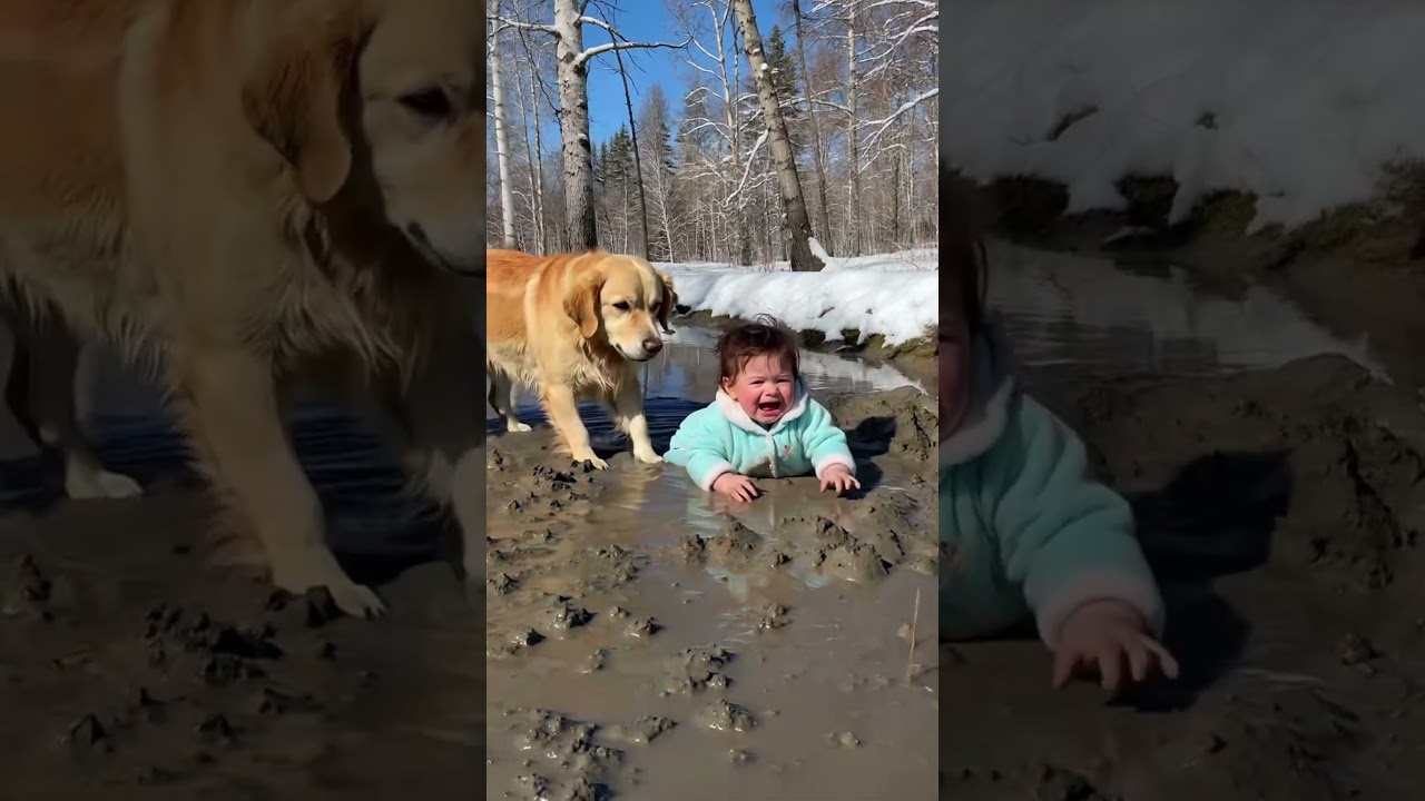 The brave golden retriever saved the baby in the snow.