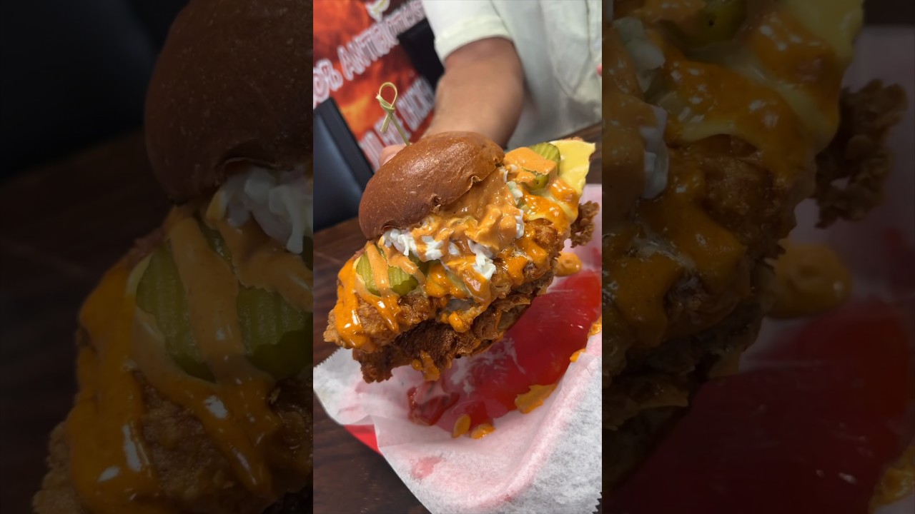 The GIANT DOUBLE NASHVILLE HOT CHICKEN SANDWICH from Chicky’s in Queens! 🍗🔥🍗🔥 Woah. #DEVOURPOWER