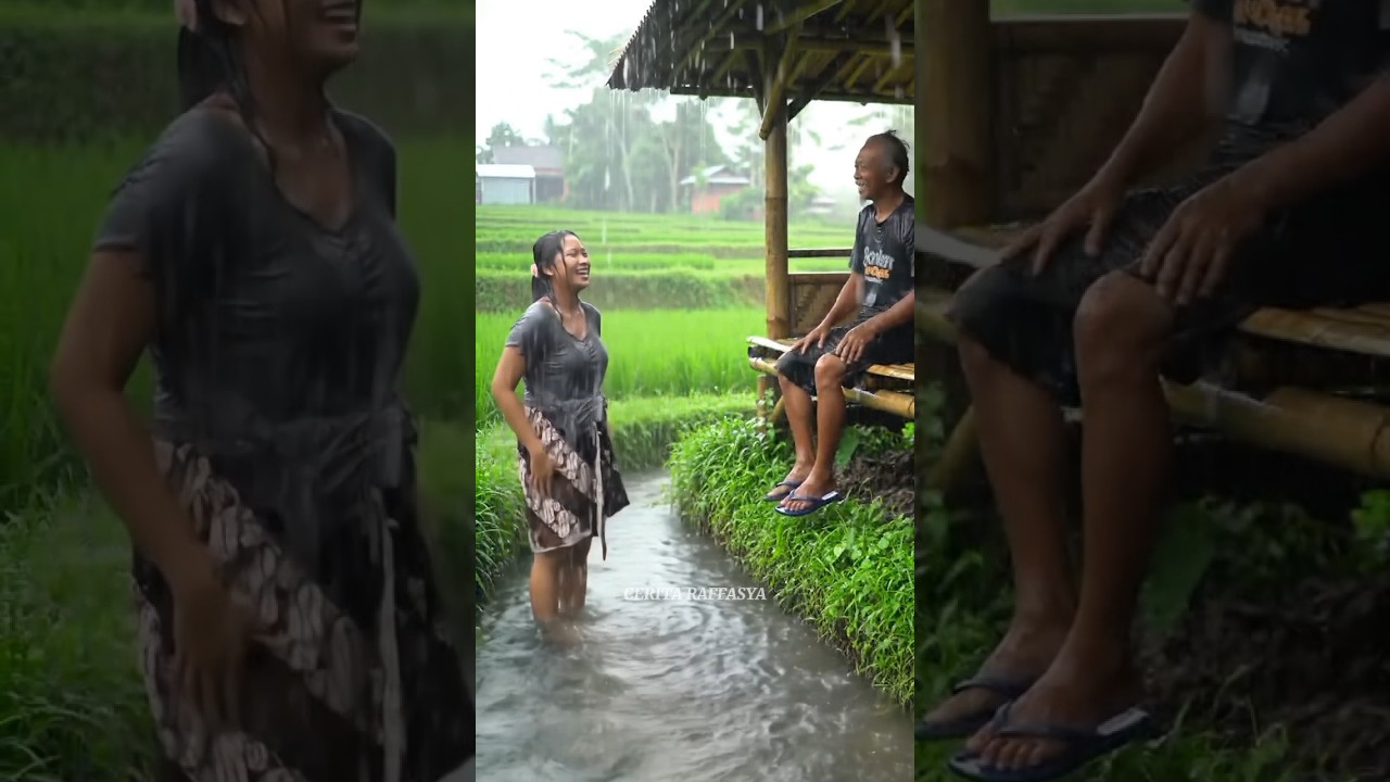 The life of a village girl bathing by the rice field near a bamboo hut #villagelife #villagegirl #ai