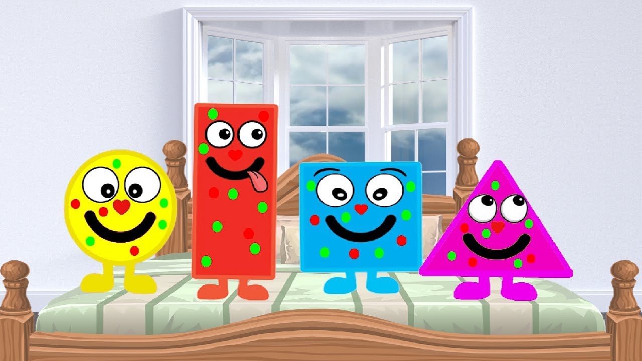 The shapes. Vivashapes for kids. Poorly shapes jumping on the bed.