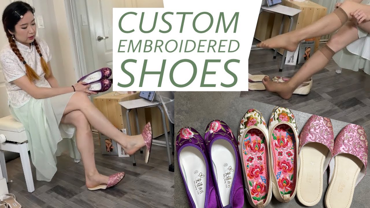 Traditional Chinese Embroidered Shoes Try On Haul, Flats Shoeplay Dangle, Pantyhose Legs Feet Toes