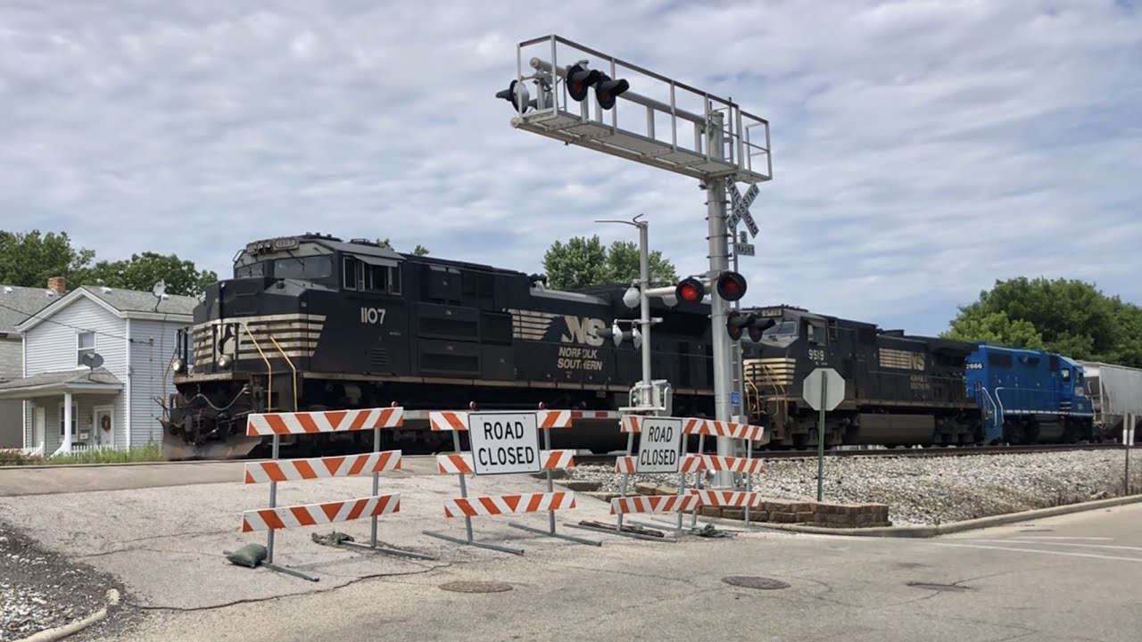 Train With DPU Passes Closed Dangerous Railroad Crossing, 2 Trains & 8 Locomotives, Norfolk Southern