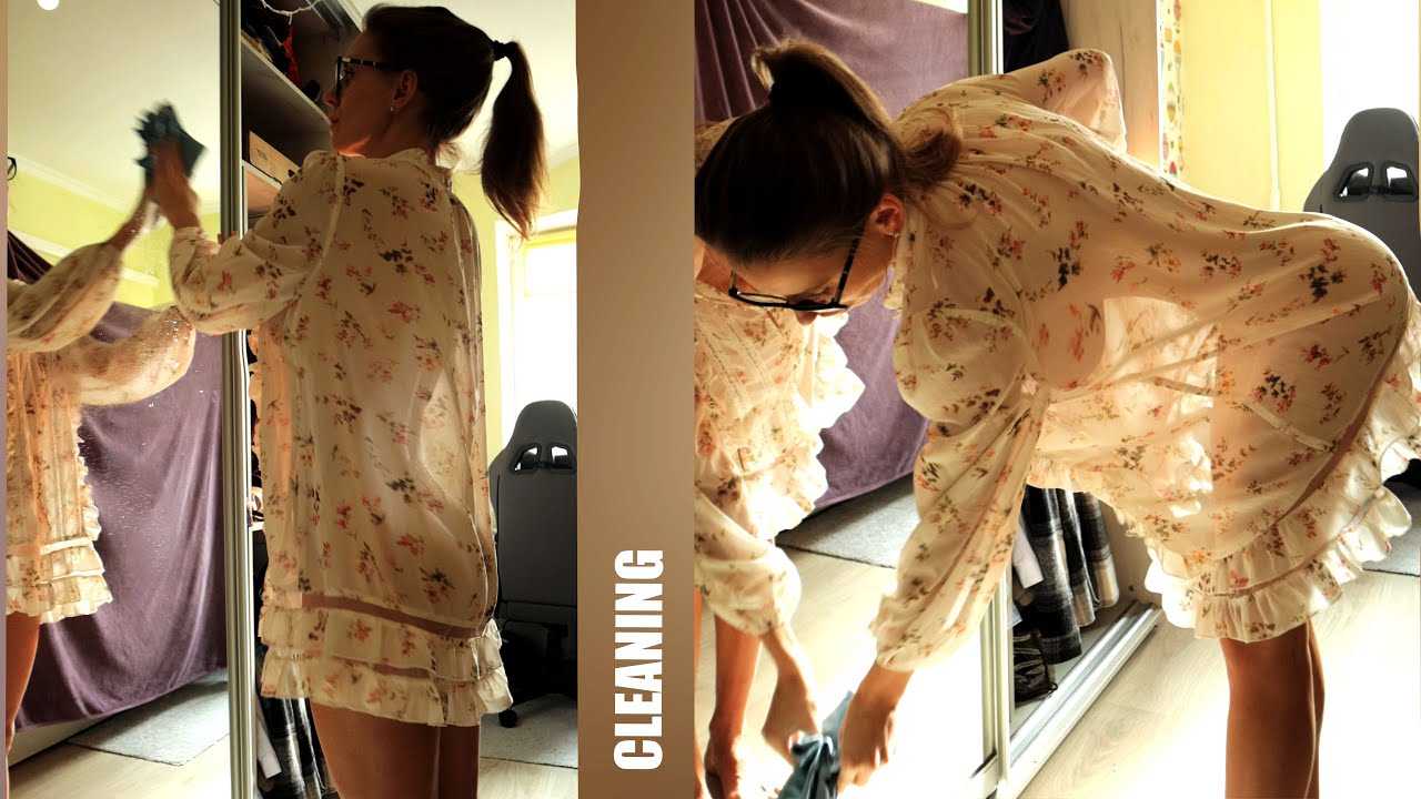 Transparent mirror cleaning with cute Tina girl