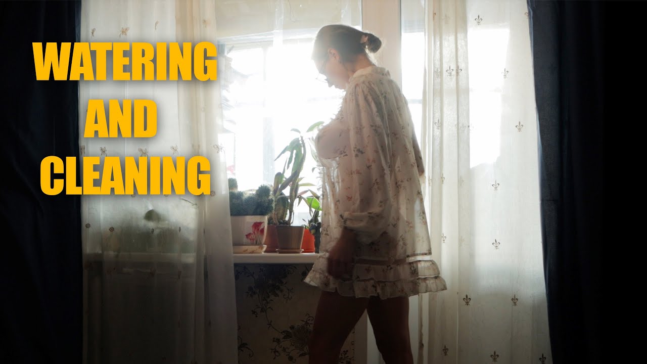 Transparent watering and cleaning with beautiful Tina in a dress