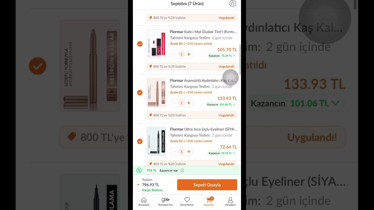 Trendyol flormar 800 tl’ye %20 indirim, ekstra 1000 tl’ye 300 tl kupon ile geldiği fiyatlar #reklam