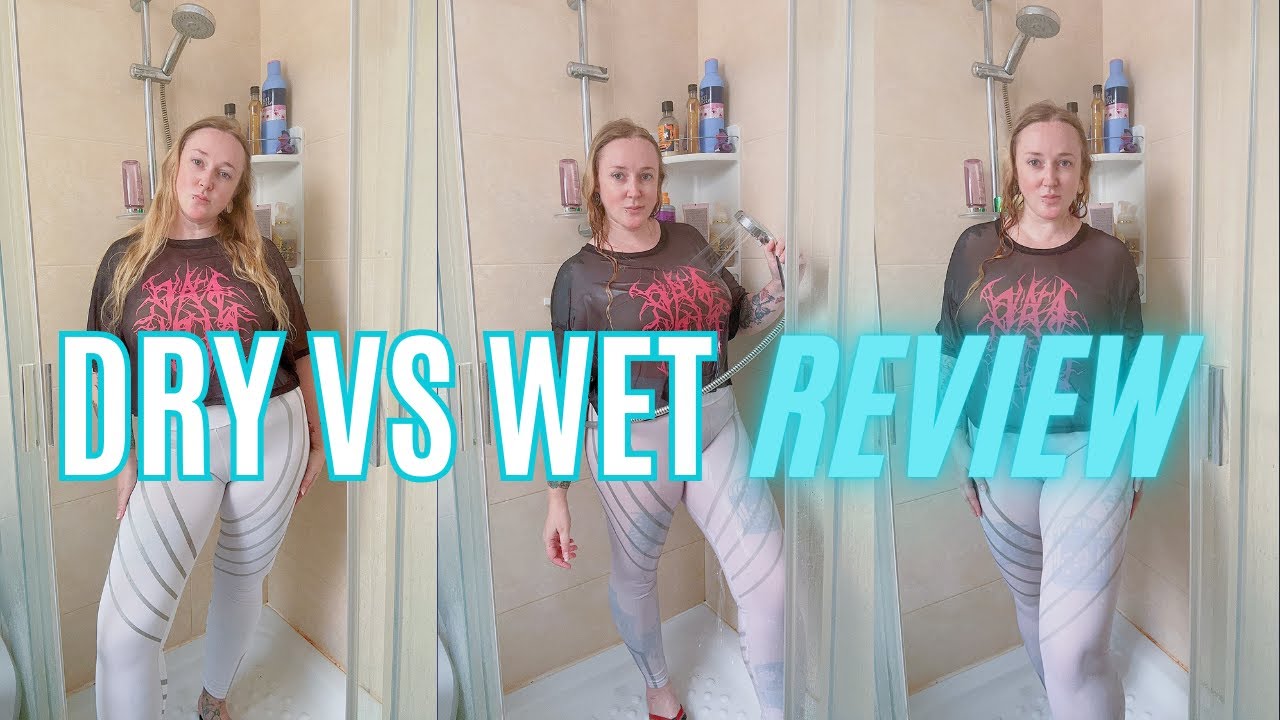 Trying a black t-shirt and white leggings in the shower, dry vs. wet