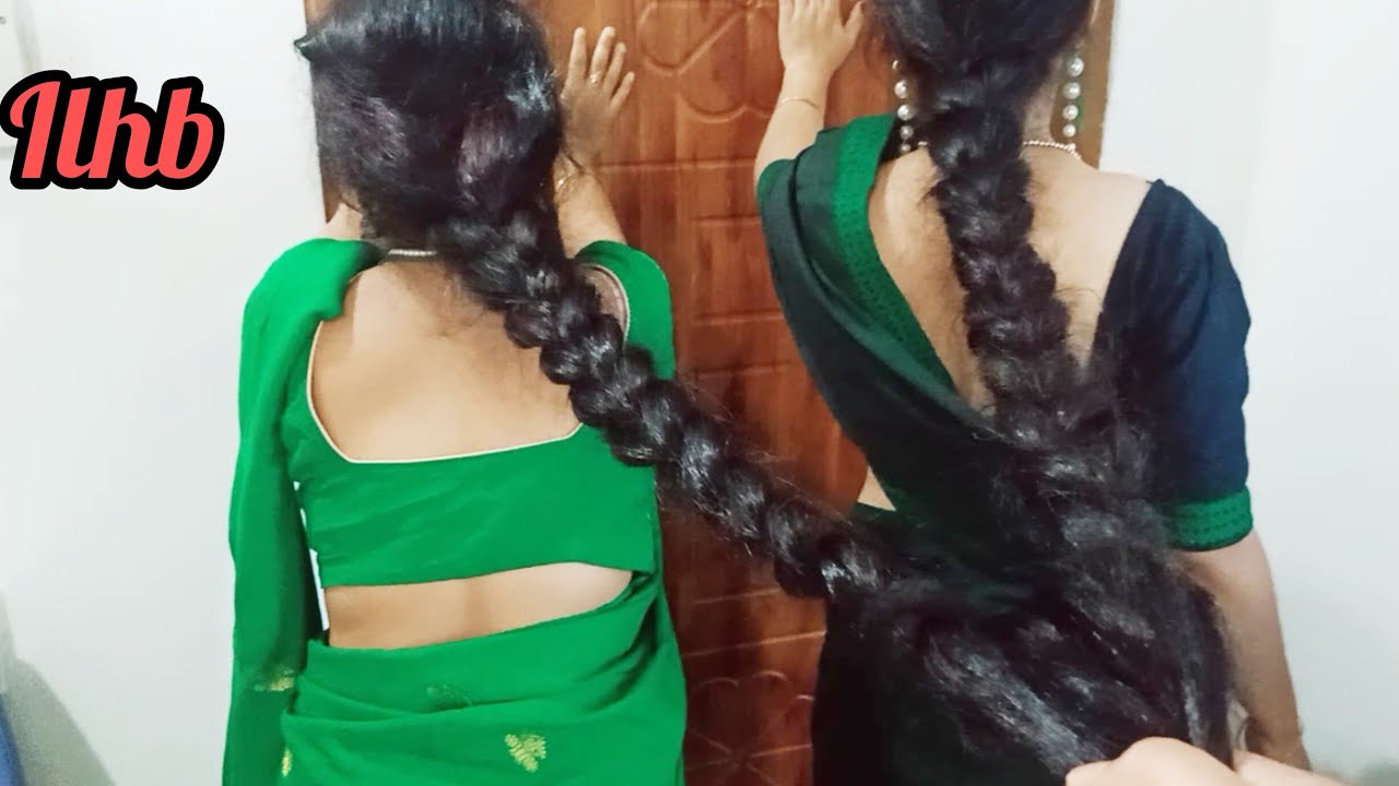 Two Long hair sisters braids play and pulling by male