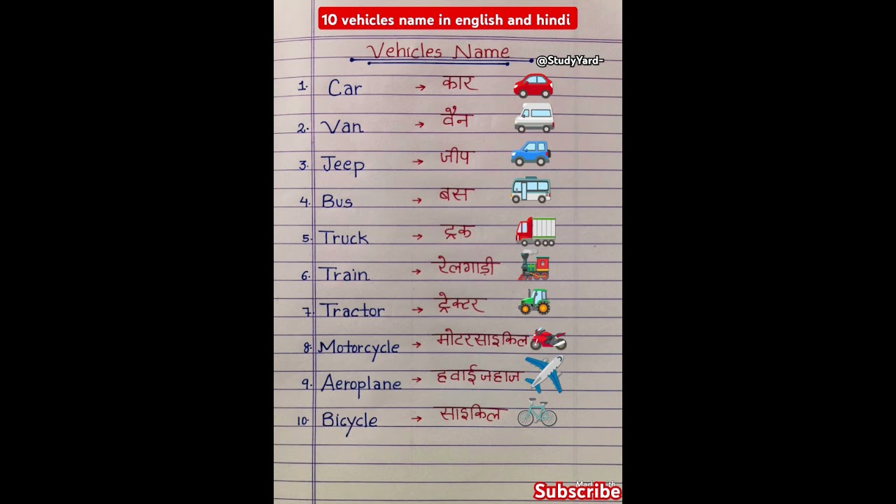 Vehicle name l 10 vehicle name in english and hindi l transport name l types of vehicles l Vehicles
