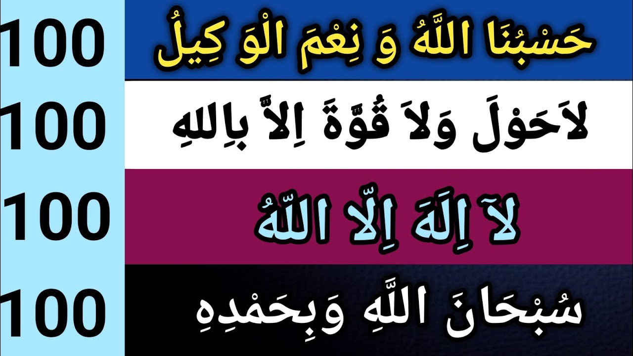 Very Important 4 Adkar.Its can change our life. hasbunalla, la howla, lailaha, subhanallahi X100