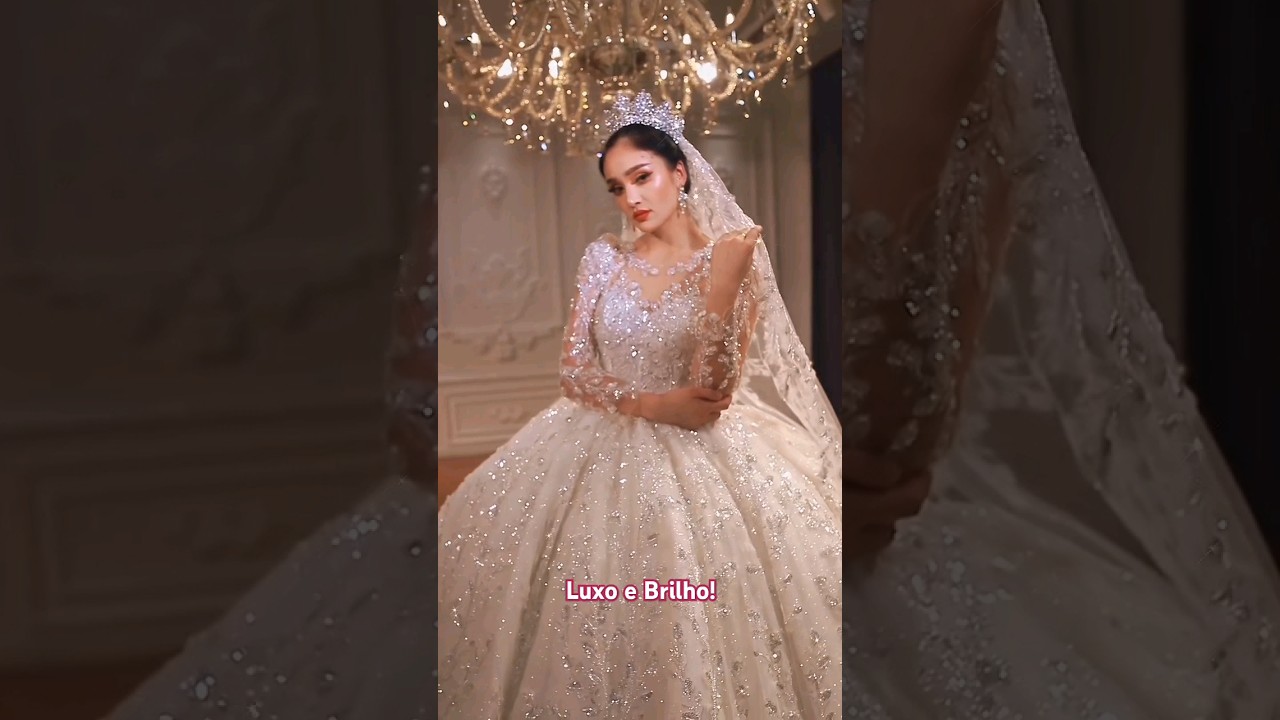 Vestido de Noiva de Luxo com Brilho  Cauda e Véu com Coroa #wedding #vestidodenoiva #weddingdress
