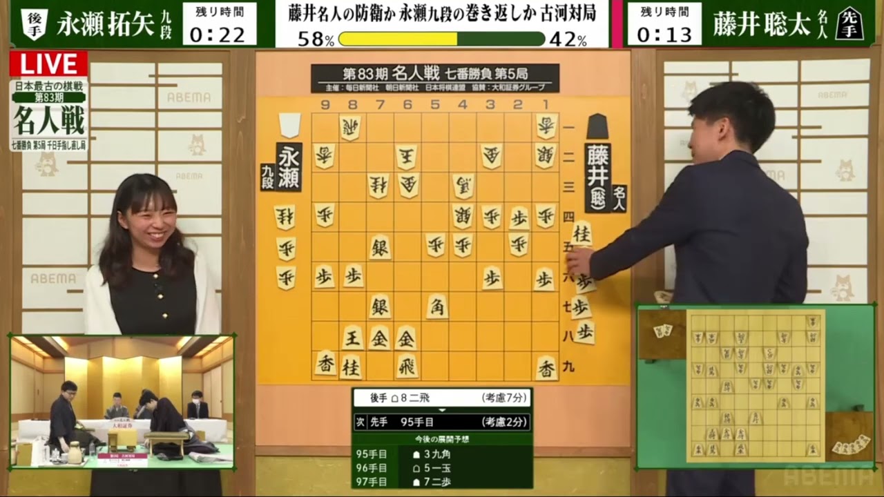 藤井聡太名人vs永瀬拓矢九段、第83期名人戦七番勝負第５局。