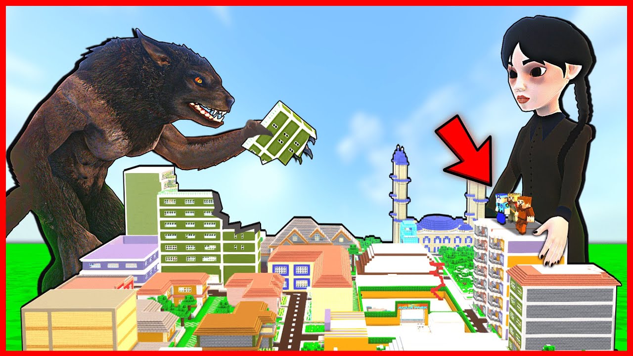 WOLF MAN ATTACKED THE CITY WEDNESDAY GUARDED US! 😱 - Minecraft