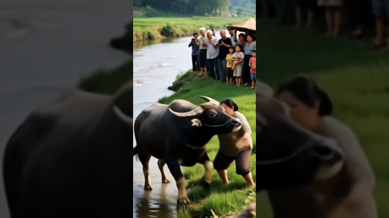 Woman Rides Buffalo by the River! 🐃💥 | Desi Stunt Trick #BuffaloRide #VillageVibes