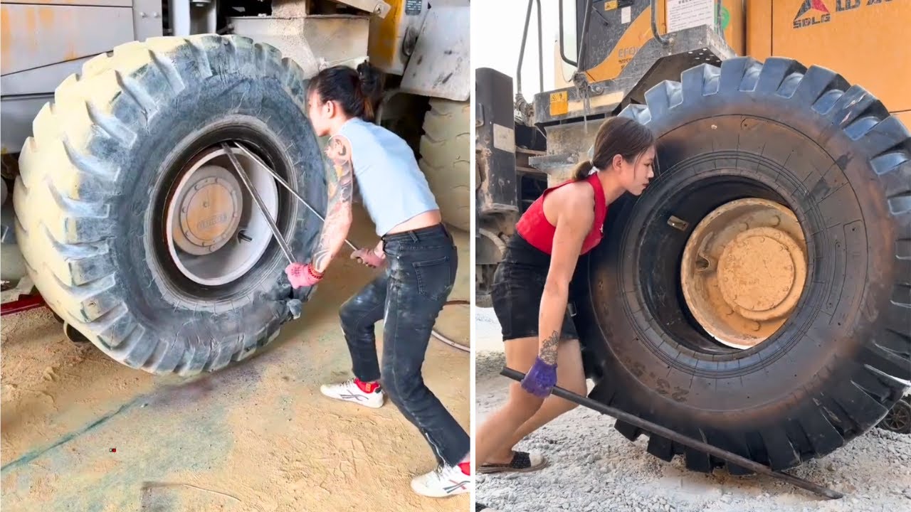 Yujie Shows Incredible Strength Changing Giant Loader Tires!