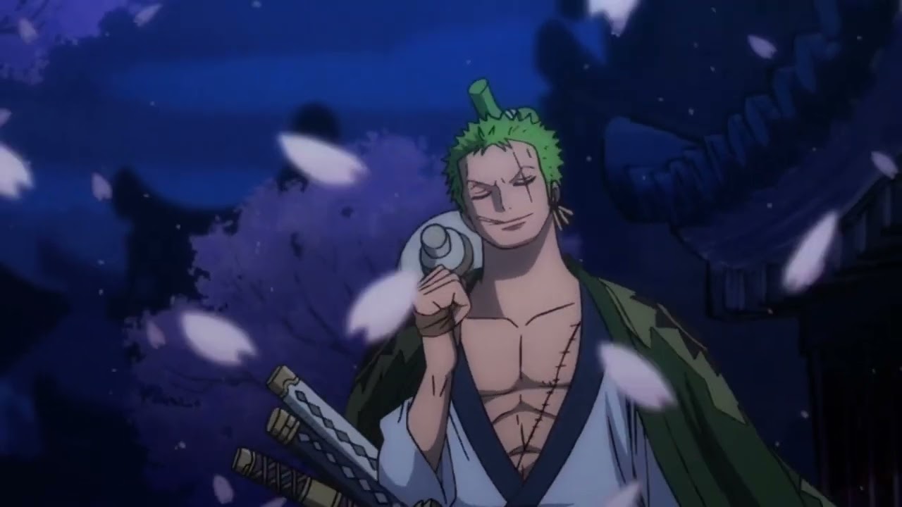 Zoro walking through cherry blossoms in wano. 1080p (episode 892)